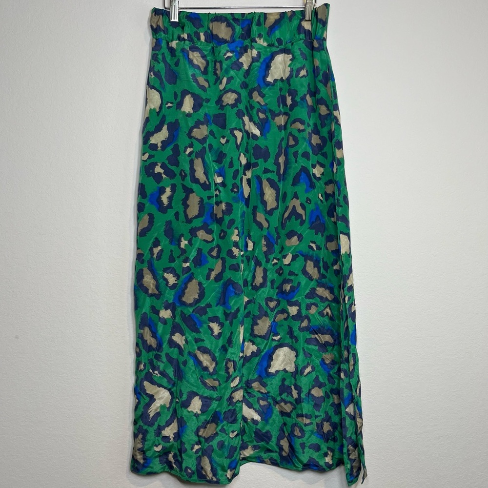 Vanessa Virginia Silk Leopard Print Midi Skirt Slit Green A-Line W/Pockets Sz S